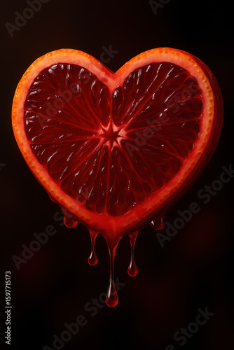 Heart shaped blood orange slice dripping juice on black background in surreal juicy fruit and love concept