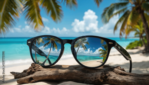Black-framed eyeglasses with polarized lenses rest on driftwood. Lenses reflect tropical beach scene with palm trees, turquoise water, clear blue sky, suggesting UV protection, enhanced clarity.