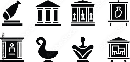 A collection of black and white museum icons depicting various artifacts art