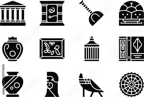 A collection of twelve black and white vector icons depicting ancient artifacts