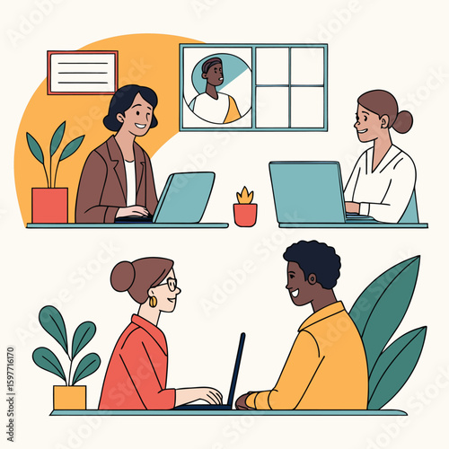 Cartoon vector illustration of business people working at office desks with computers and laptops
