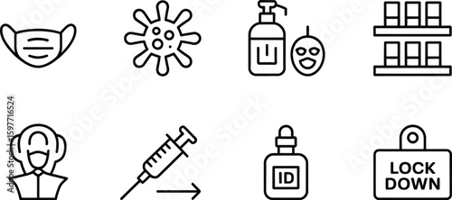 A set of line art icons depicting covid related items and safety measures