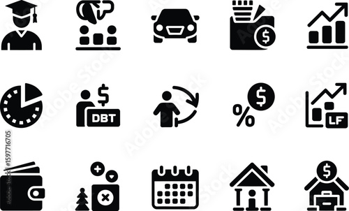 A collection of financial and educational icons displayed in a grid format