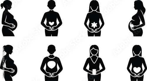 Collection of black silhouette icons representing pregnancy and motherhood