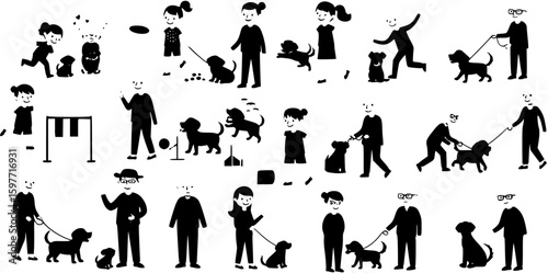 Group people all ages activities with dogs vector silhouette set collection.
