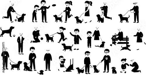 Group people all ages activities with dogs vector silhouette set collection.
