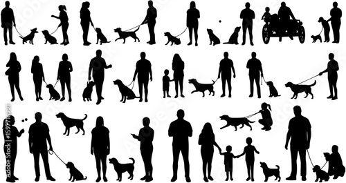Group people walking with dogs in public park outdoors black silhouettes