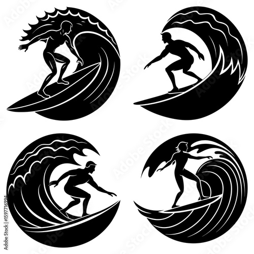 Four circular designs featuring silhouetted surfers riding stylized waves in black and white art