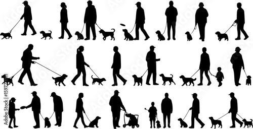 Group people walking with dogs in public park outdoors black silhouettes