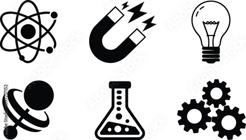 Illustration of science related icons including atom magnet and lightbulb