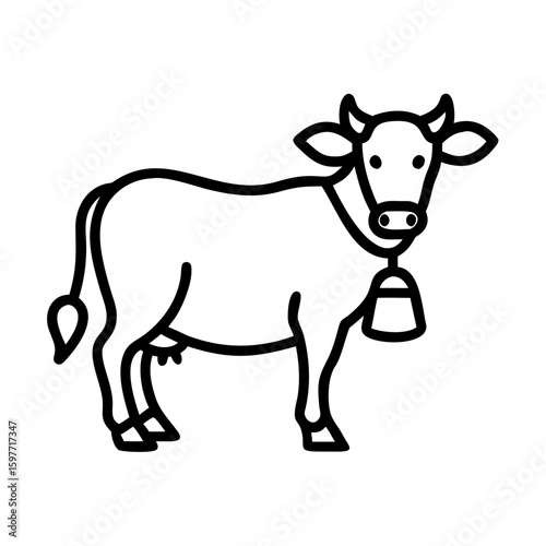 Sacred cow with bell in minimalist line art on transparent background  