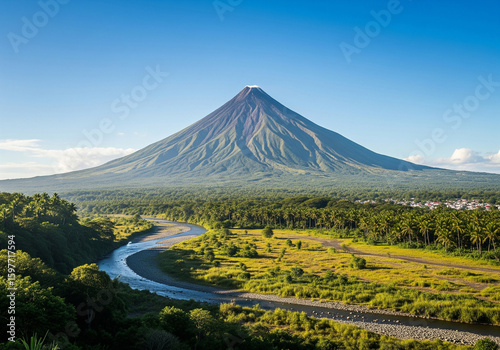 The perfectly symmetrical cone of Mayon Volcano stands majestically against a clear blue sky, surrounded by lush green landscapes, including rice fields and palm trees, in the Philippines