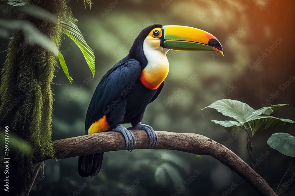Fototapeta premium Toucan, bird with big bill. Toucan sitting on the branch in the forest. Nature travel, Wildlife. Toucan tropical bird sitting on a tree branch in natural wildlife environment in rainforest jungle 
