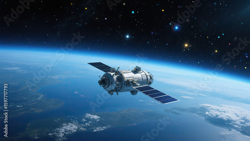 Realistic 3D rendering of a satellite floating above Earth in outer space with curved horizon and star-filled background, symbolizing global communication and geostationary orbit technology