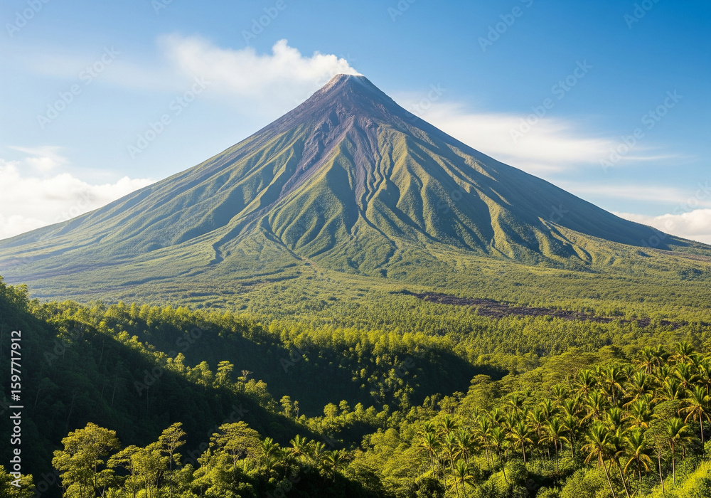 Fototapeta premium The perfectly symmetrical cone of Mayon Volcano stands majestically against a clear blue sky, surrounded by lush green landscapes, including rice fields and palm trees, in the Philippines