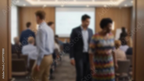Busy seminar entrance with a blurred background of walking participants, 4K Resolution
