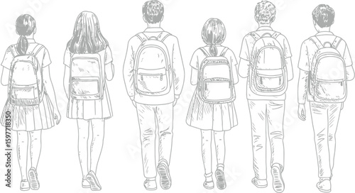 A sketch of students walking away with backpacks on a white background view back