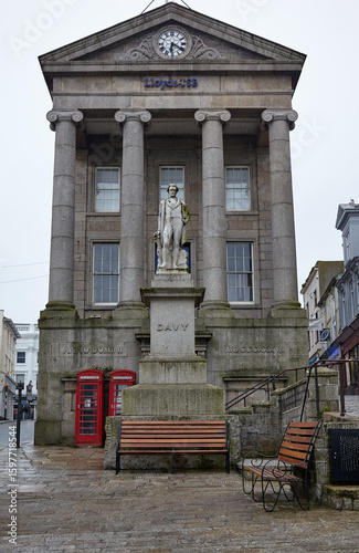 Market Building with statue of Humphry Davy. Penzance. England. Great Britain