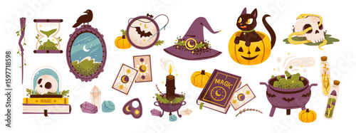 Magical Halloween in witchcore aesthetic. Cute witchcraft set with pumpkin, spellbook, potion and wand. Flat vector illustration.