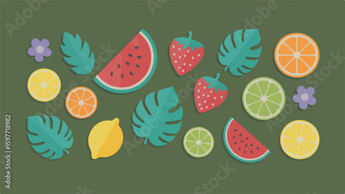 Flat lay of tropical fruits and leaves on green background