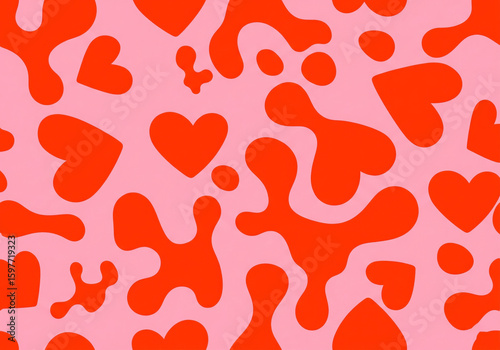Hearts and amorphous shapes of red are scattered over a light pink background