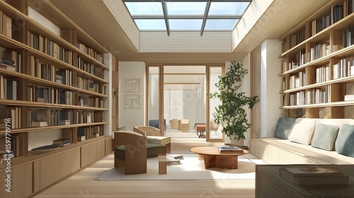 Minimalist library reading room with a beautiful skylight allowing natural light to enter