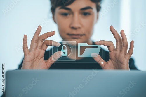 Focused individual uses futuristic transparent screen displaying digital security icons of a padlock and folder over a laptop computer