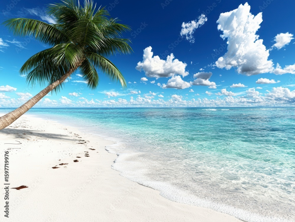 Obraz premium Tropical Beach Paradise Palm Tree on White Sand and Turquoise Ocean