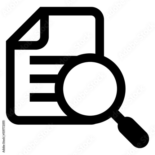 Logo buscar documento. Icono documento con lupa con líneas 