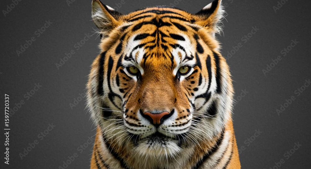 Obraz premium Majestic Tiger Portrait on Dark Background — Intense Green-Eyed Stare, Wildlife Strength and Beauty