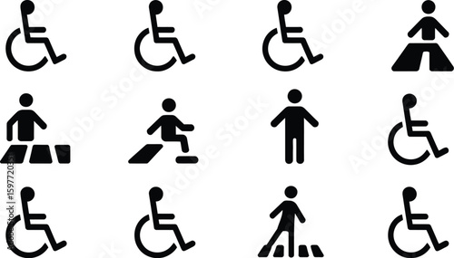 Collection of black and white accessibility and pedestrian crossing icons set