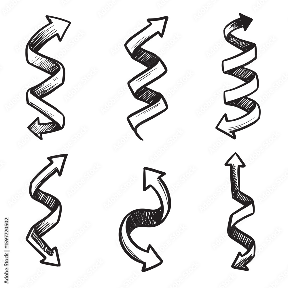 Hand drawn arrow set with varying directions and swirls in black and white Hand drawn arrow set with varying directions and swirls in black and white