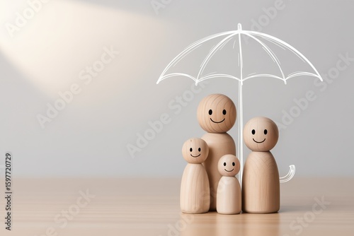 Wooden peg doll family protected by a stylized white umbrella symbolizing safety security and insurance against life s uncertainties