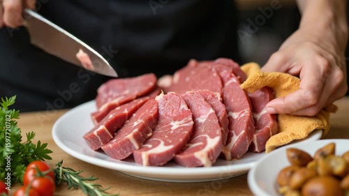 Man slicing lamb meat on a plate with herbs and vegetables nearby  