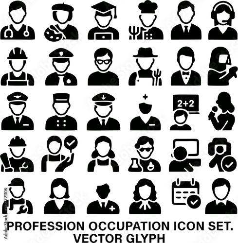 Professional occupation glyph icon set in vector format. Includes various job and career symbols for apps, websites, infographics, resumes, and UI design.

