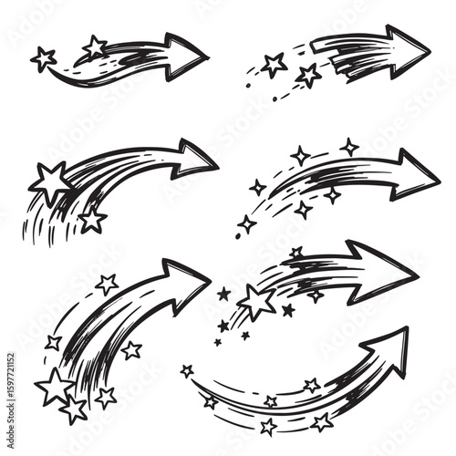 Hand drawn arrows with star trails in a doodle sketch style on white background