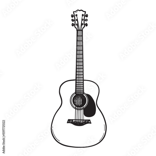 Hand drawn black and white acoustic guitar illustration on a white background for music themed design