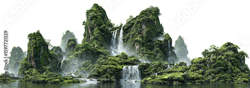 A mesmerizing view of a lush mountain range with cascading waterfalls flowing into a tranquil river, surrounded by mist and vibrant greenery isolated on transparent background