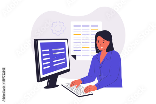 Data Entry Operator Working on Computer. Illustrations for websites, landing pages, mobile apps, posters and banners