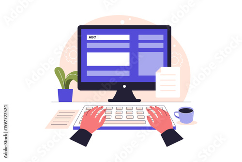 Typing Hands on Keyboard. Data Entry Illustration with Computer Screen and Document. Illustrations for websites, landing pages, mobile apps, posters and banners