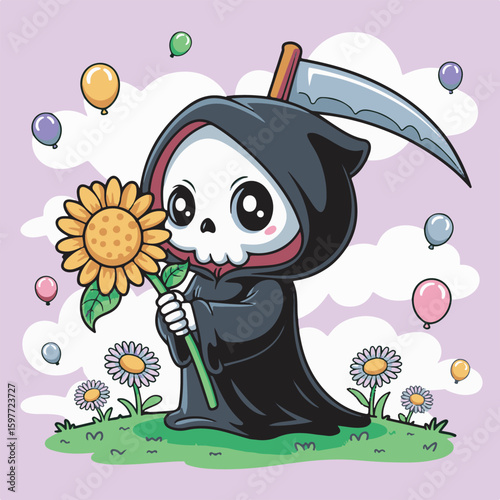 a cartoon character, a cute grim reaper holding a sunflower in a field of flowers