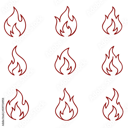 Fire thin line icons set. Simple fire Vector black contour symbol isolated on white