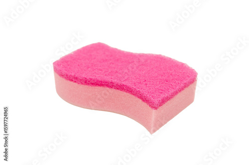 Curved pink cleaning sponge with a soft foam layer and rough scrub layer, isolated on white background, ideal for household cleaning theme