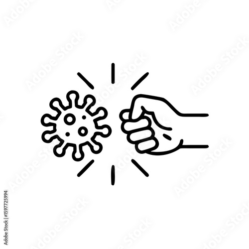 fist kick by bacteria icon in line style, protect on virus isolated on white background , symbol conquer infection disease, protection virus business concept, vector illustration