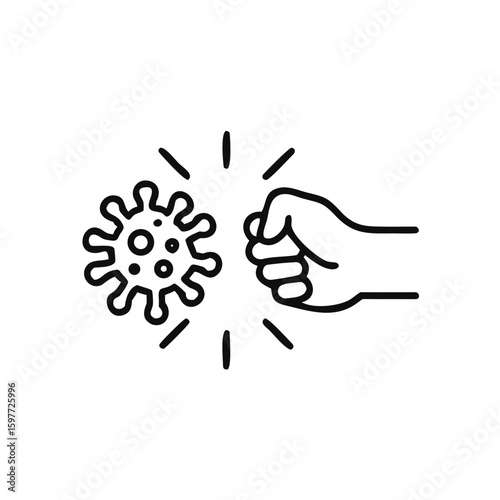 fist kick by bacteria icon in line style, protect on virus isolated on white background , symbol conquer infection disease, protection virus business concept, vector illustration