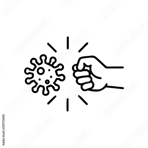 fist kick by bacteria icon in line style, protect on virus isolated on white background , symbol conquer infection disease, protection virus business concept, vector illustration