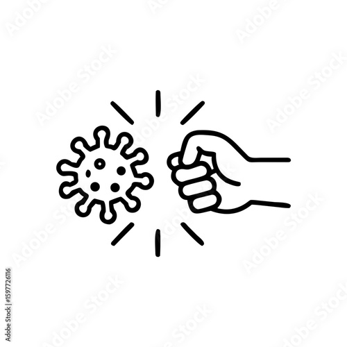 fist kick by bacteria icon in line style, protect on virus isolated on white background , symbol conquer infection disease, protection virus business concept, vector illustration