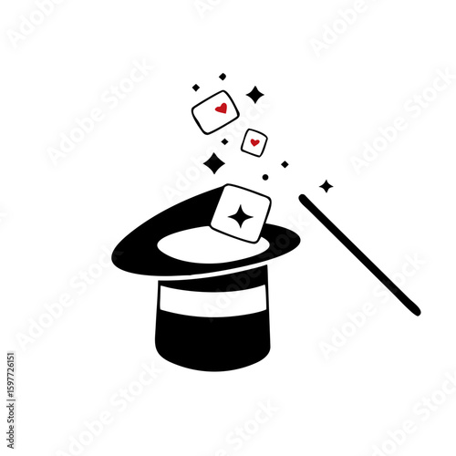 magic hat with wand vector icon, magic hat with playing cards icon in trendy flat style