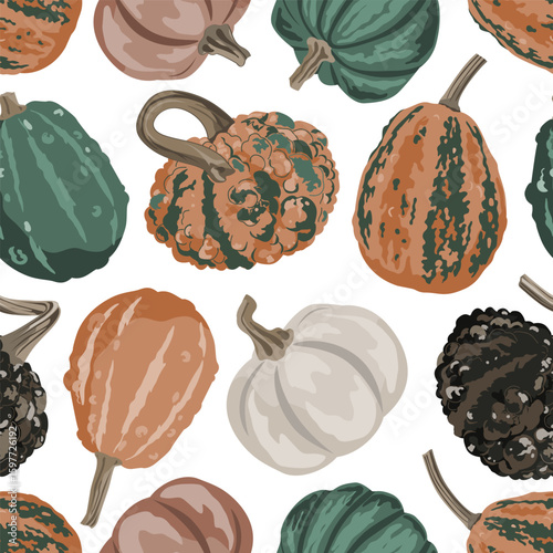 Cozy small gourds seamless pattern. Pumpkins autumn pastel background. Vector squash illustration