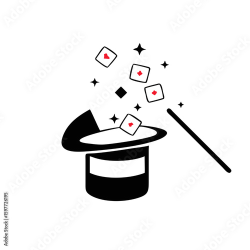 magic hat with wand vector icon, magic hat with playing cards icon in trendy flat style
